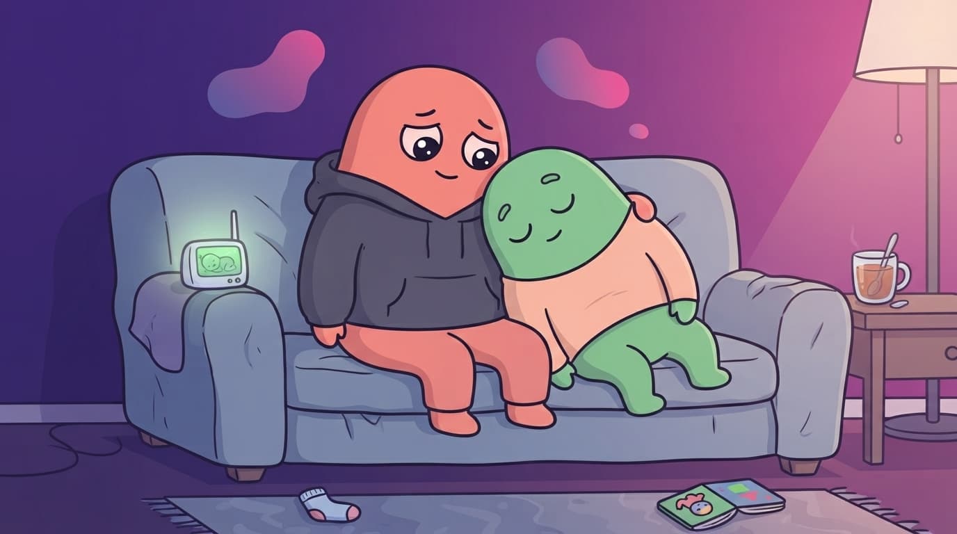 The mint peek partner slumped half-asleep against the coral partner on the sofa late at night, a baby monitor glowing on the armrest and a mug of tea gone cold nearby.