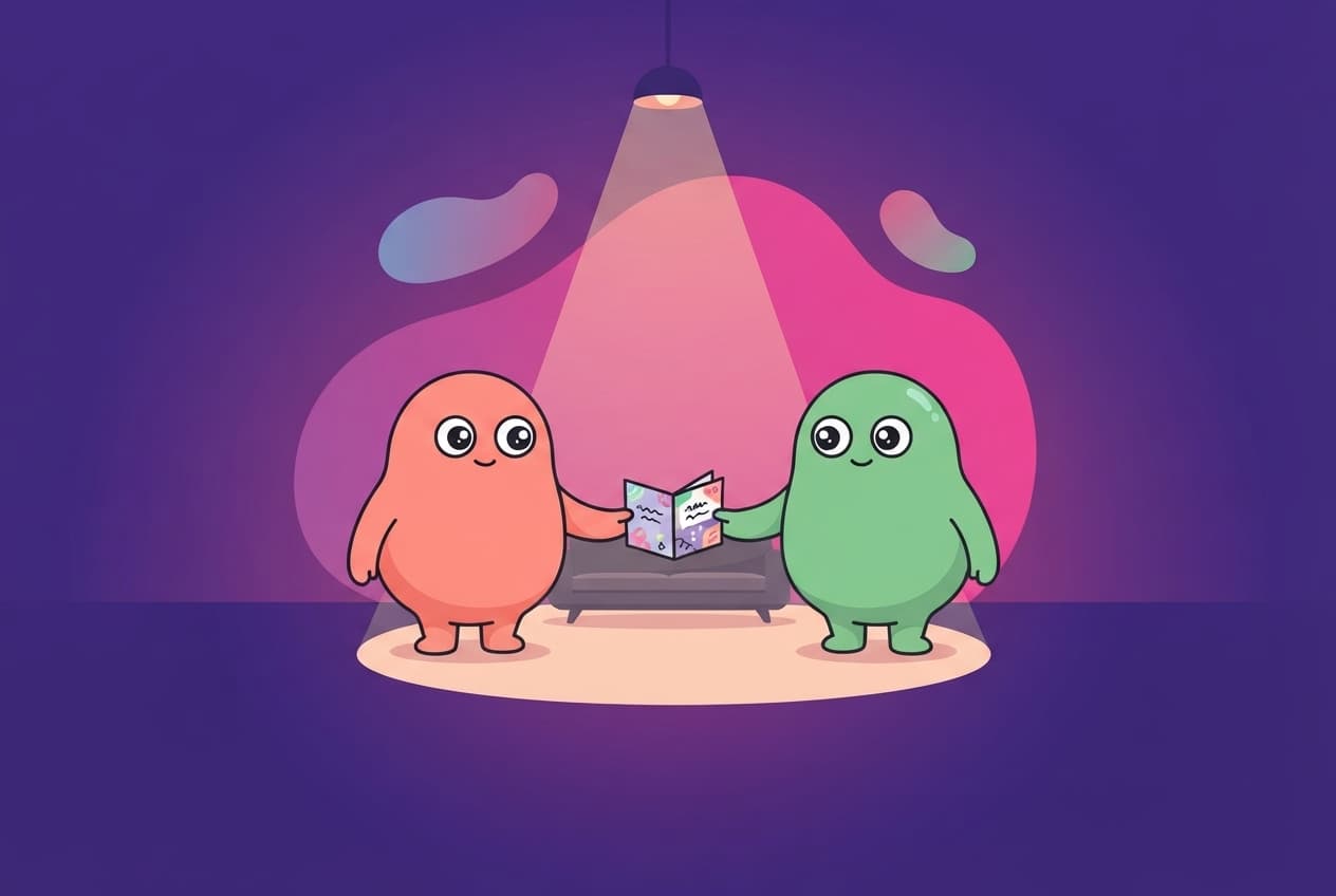A single narrow spotlight labels a tiny sliver of a wide flat couch as the only window for closeness, while the coral and mint peek partners stand apart in the surrounding dark holding a folded card between them.