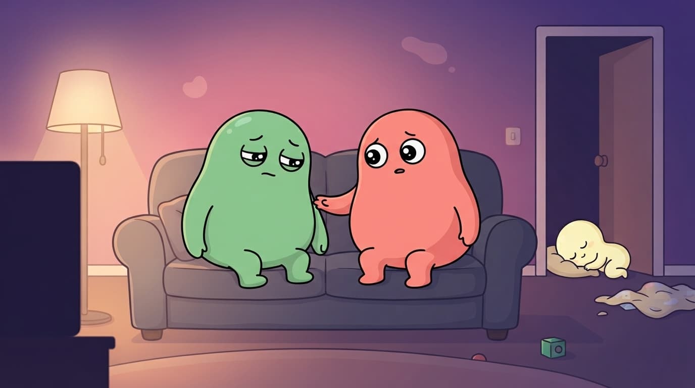 coral and mint blob-humanoid parents on the sofa at night, one leaning away from a gentle hand, a small blob toddler finally asleep in the doorway