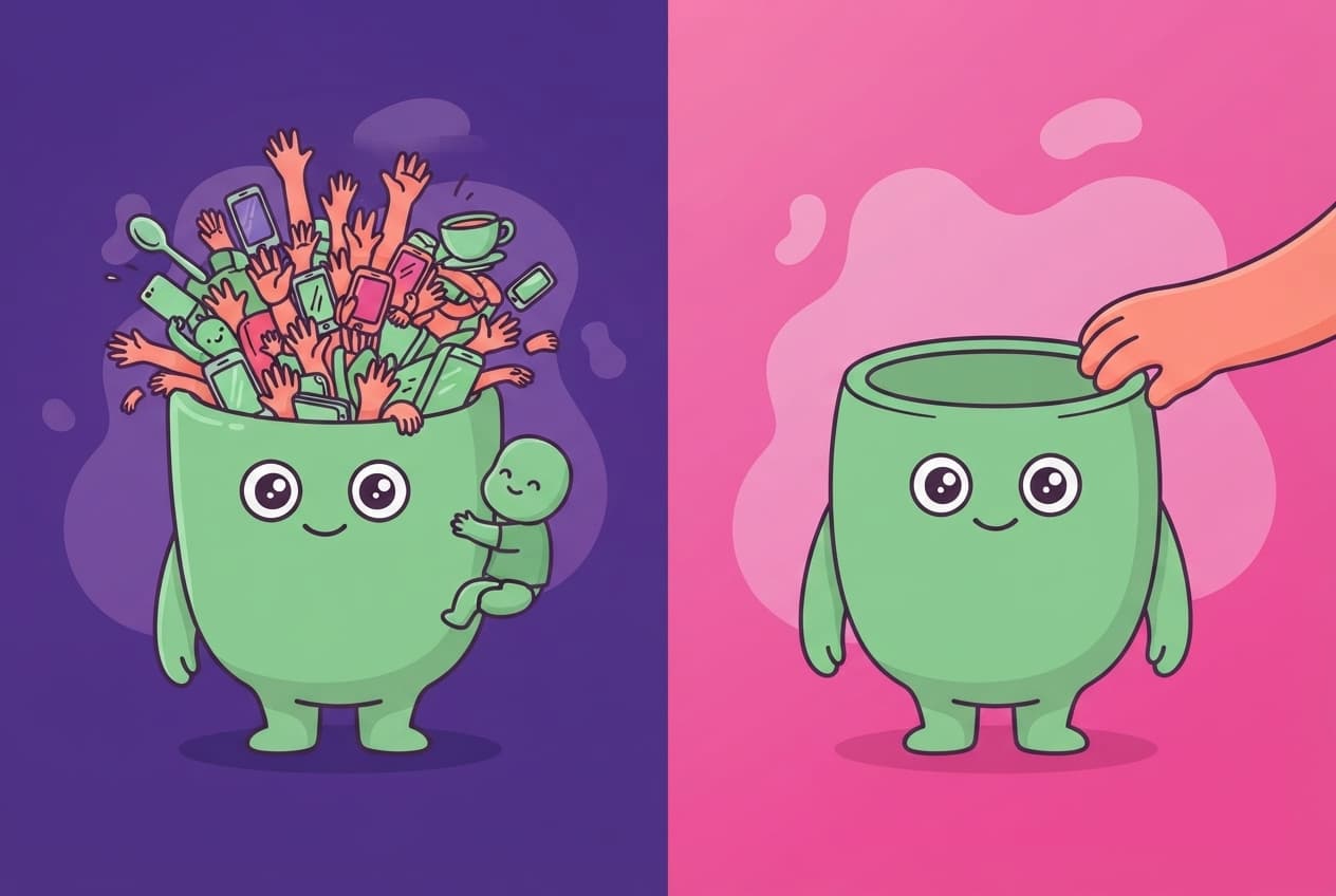 a blob-humanoid figure shown as a full cup of small hands and demands, then the same cup empty and quiet with room for one warm touch