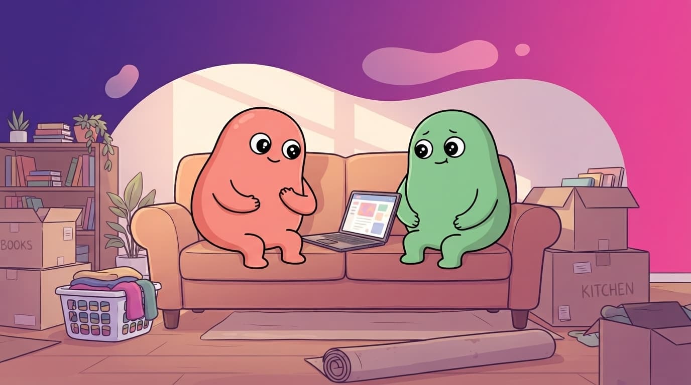 The coral and mint peek couple sit on opposite ends of a sofa with a laptop open between them like a meeting agenda, one leaning in earnest and the other slightly braced, a warm but faintly stiff scheduled talk.