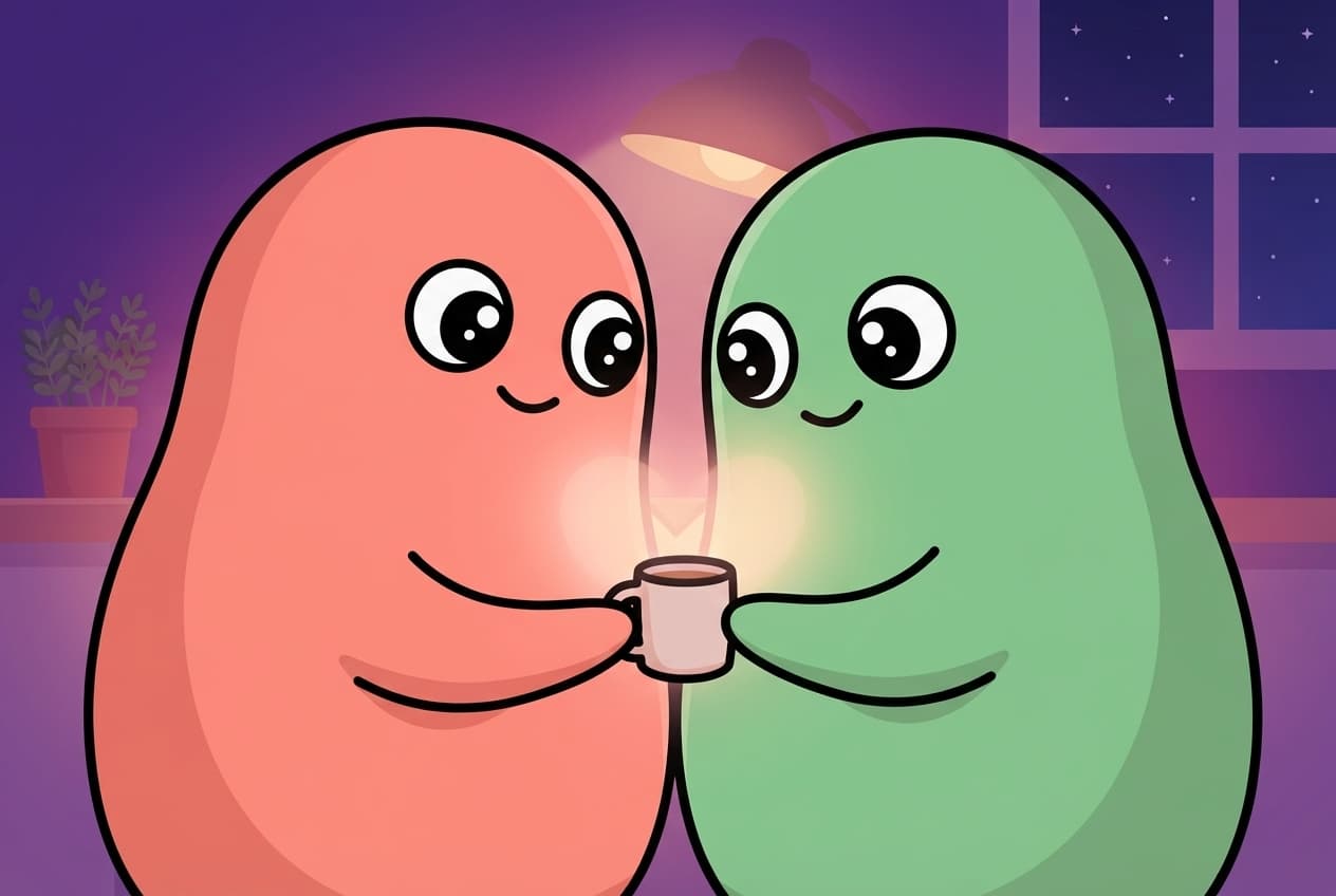A close two-shot of the coral and mint peek couple lit warm at night, each turning slightly toward the other with a small soft glow passing between them, a tiny everyday turn rather than a scheduled talk.