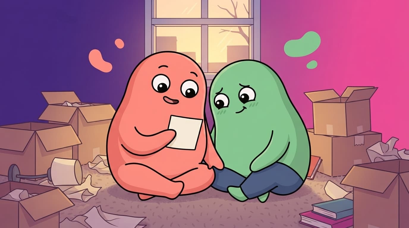 The coral and mint peek couple sit on the floor of their new flat surrounded by half-unpacked boxes, one holding up a blank card with a curious tilt of the head while the other leans in, both a little unsure and a little intrigued.
