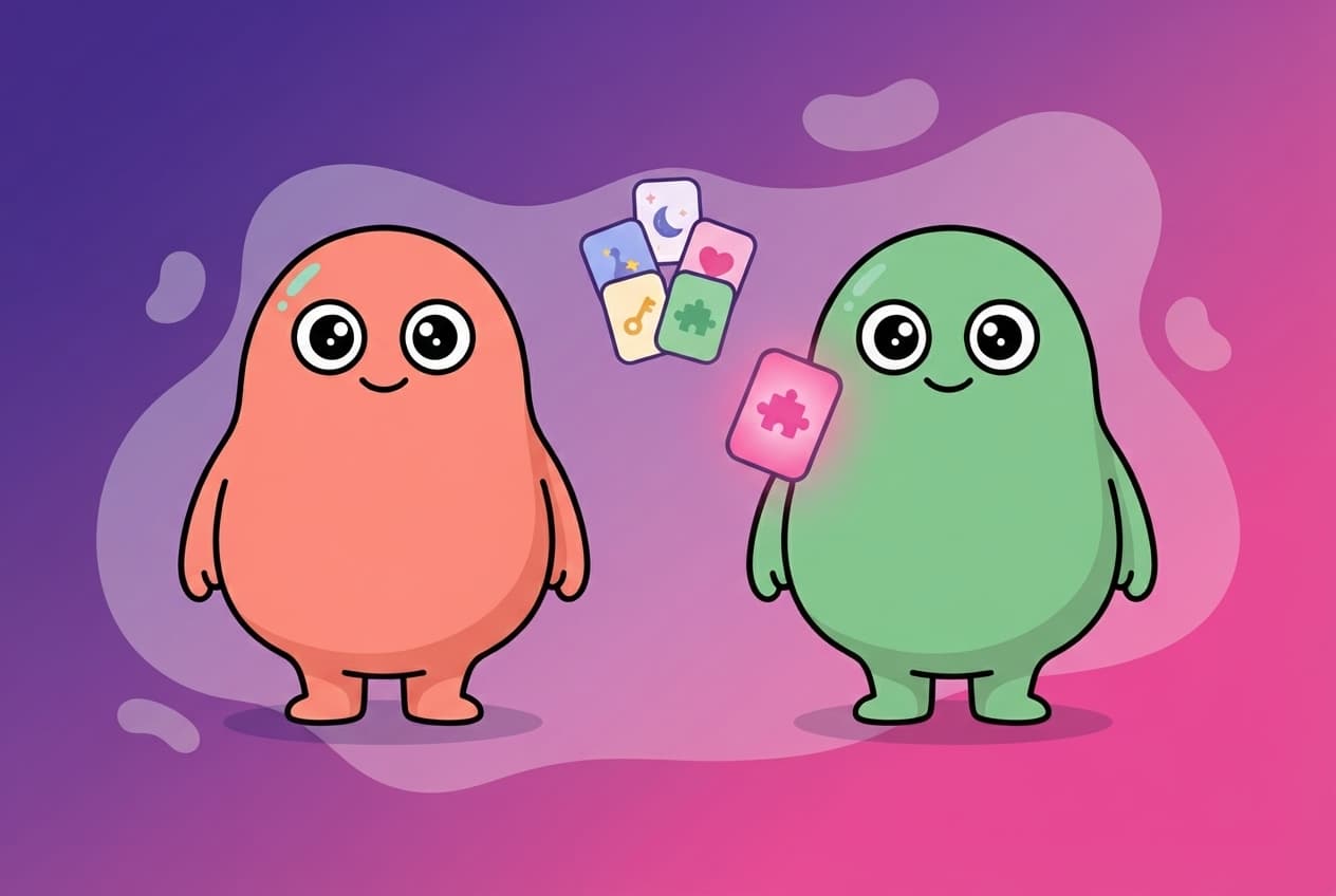 two small playful cards floating between a coral and a mint blob-humanoid, each card only lighting up where they overlap, on a soft purple gradient