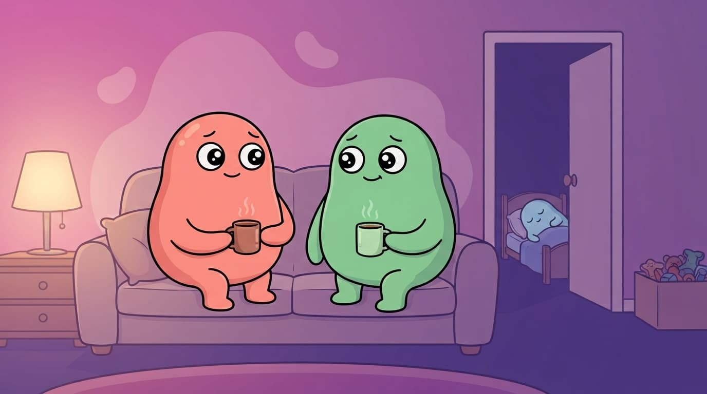 The coral and mint peek couple sit on a calm tidy sofa in a quiet evening living room, finally with time and space, yet a small gap of empty cushion sits between them as they glance at each other unsure how to close it.