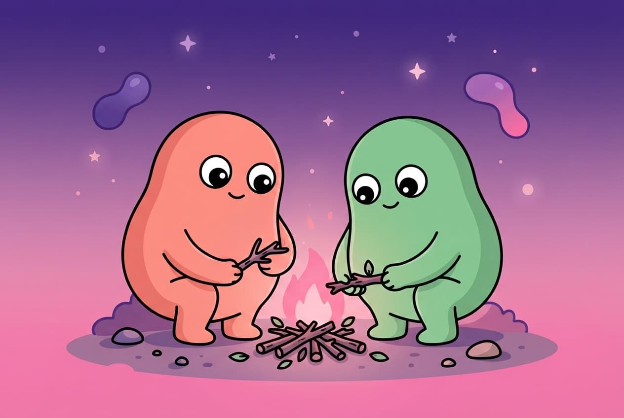 A small campfire being built stick by stick under a starry purple sky, the coral and mint peek couple crouched together placing kindling, with a matching pink flame just beginning to catch between them.