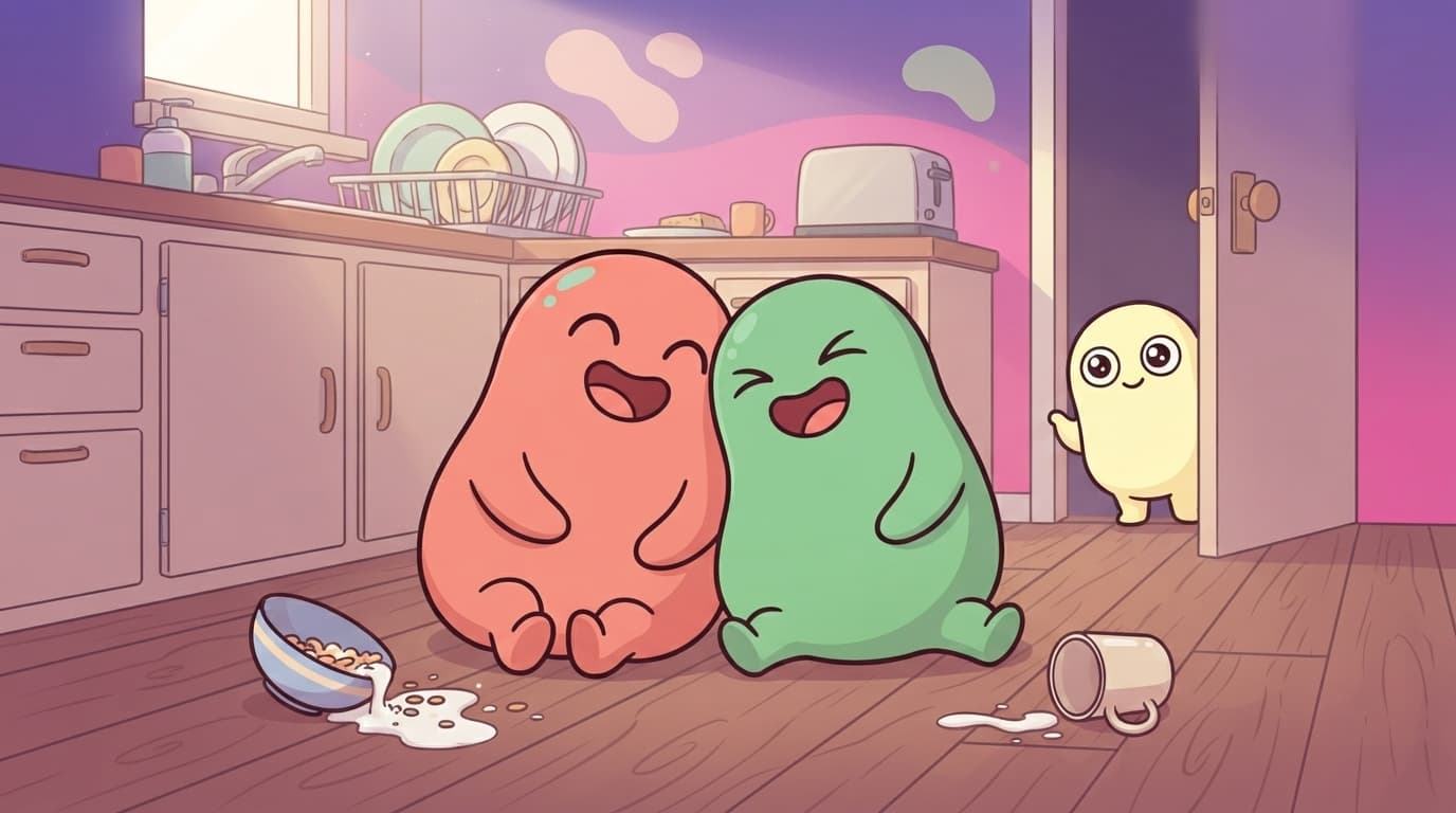 The coral and mint peek couple cracking up together on the kitchen floor after a spilled bowl of cereal, small blob kids nearby.