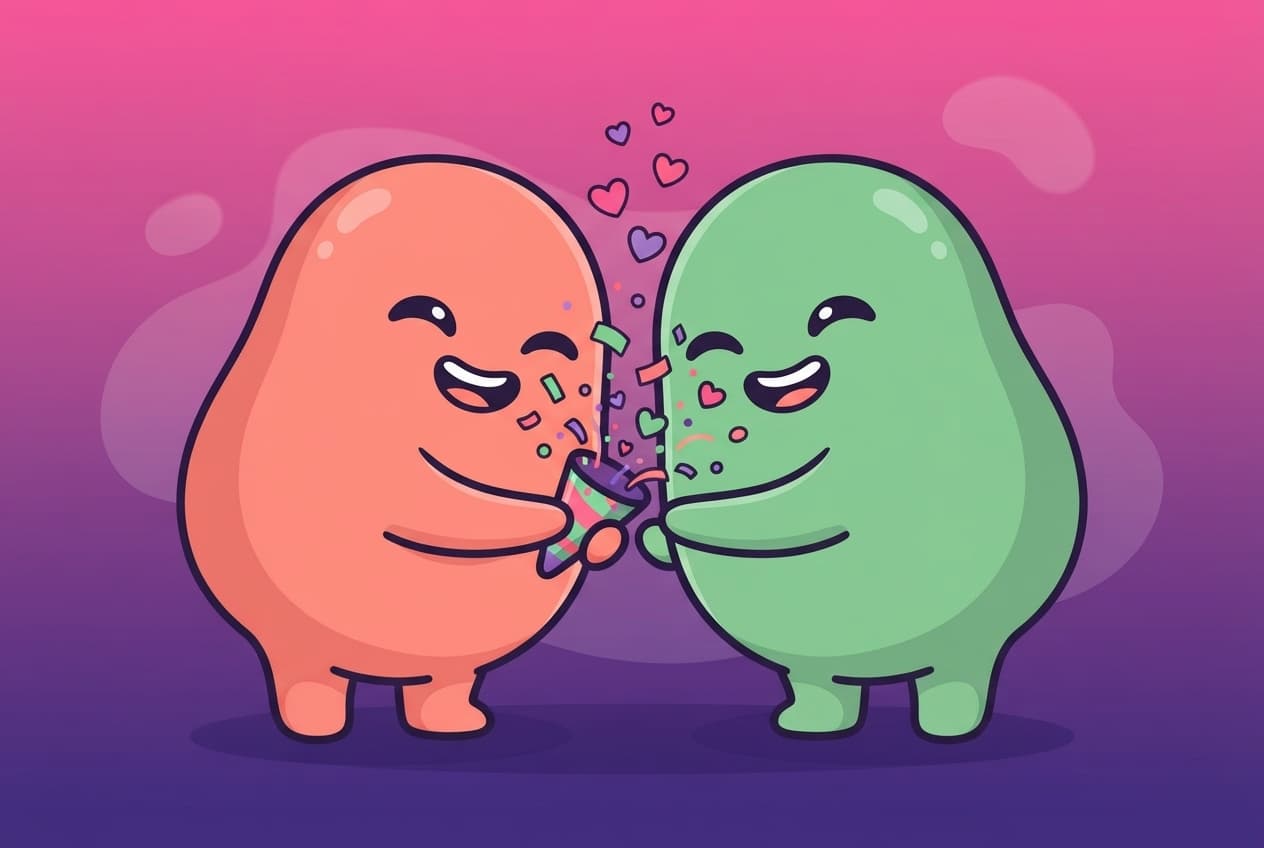 A coral and a mint blob-humanoid each holding one end of a party-popper streamer that bursts into little hearts between them.