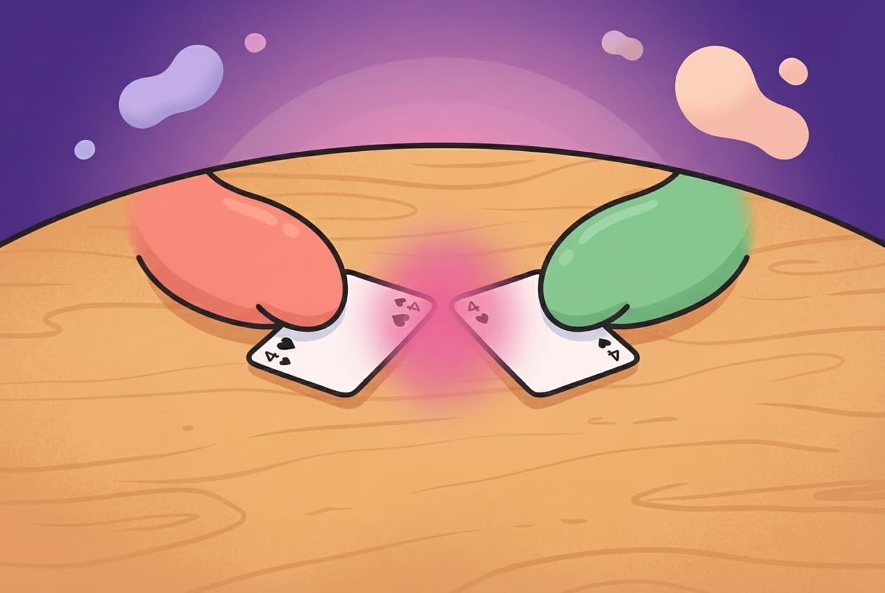 Two blob-humanoid hands each laying down a matching card face up, the pair lighting up with a soft glow where they meet.