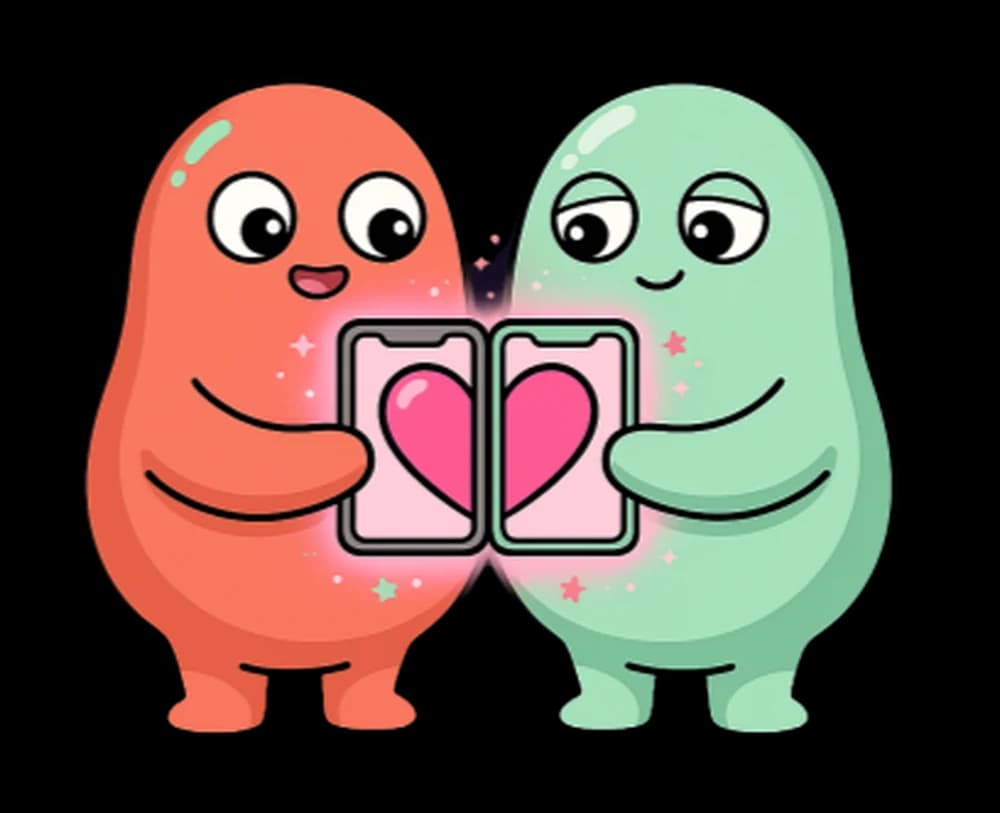 The coral and mint peek partners holding two phones whose screens join into one heart.