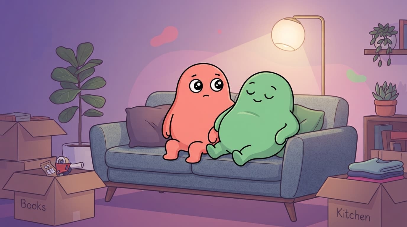 The coral and mint peek couple relaxed on a couch in their new shared apartment, half-unpacked moving boxes around them, one gazing thoughtfully into the middle distance while the other rests nearby.