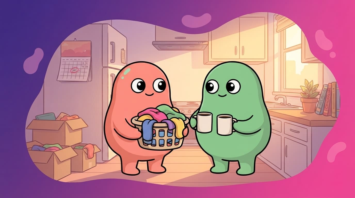 The coral and mint peek couple moving past each other in a small kitchen, one carrying laundry and one holding coffee, sharing a quick smile amid the everyday clutter.