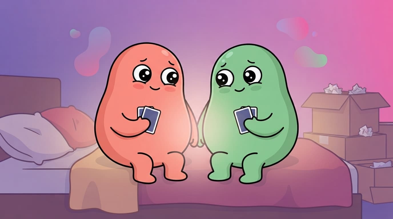 The coral and mint peek couple sitting close on a bed at night, each holding a small closed card near their chest with a nervous half-smile.