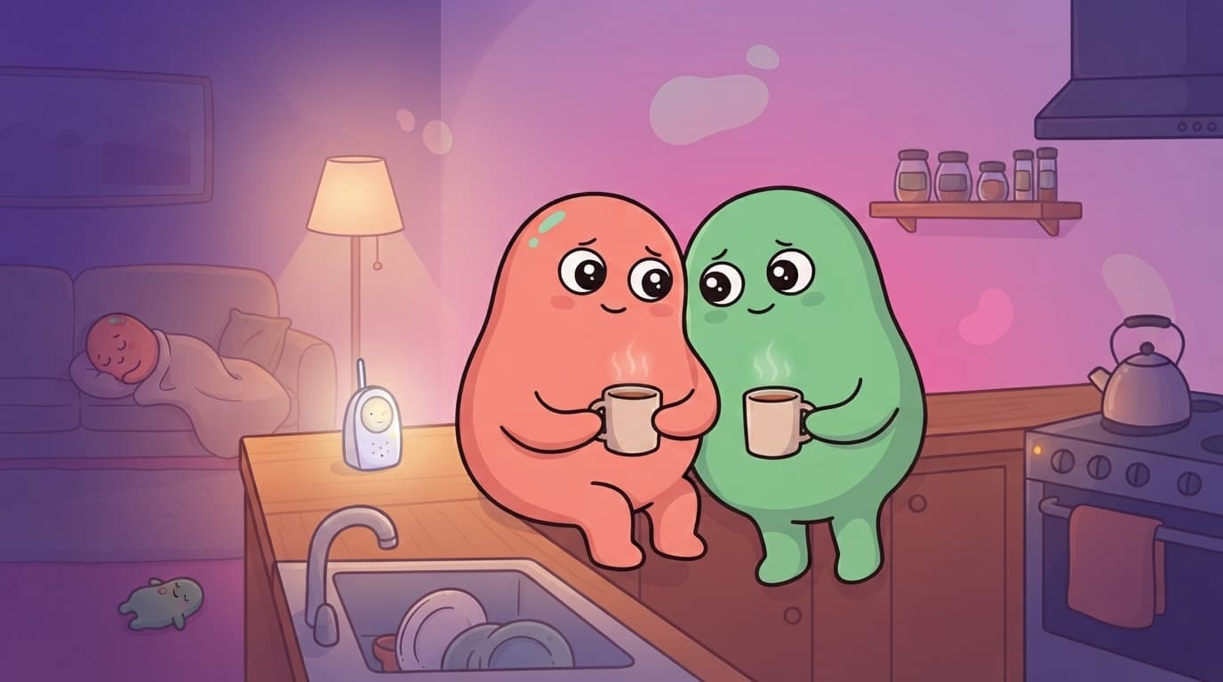 The coral and mint peek couple share a quiet late-evening kitchen moment over tea while a small blob kid sleeps on the sofa in the background.