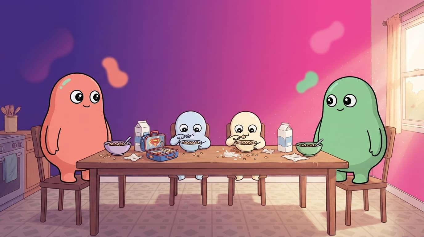 The coral and mint peek couple exchanging a knowing glance across a busy kitchen while their small blob kids eat breakfast.