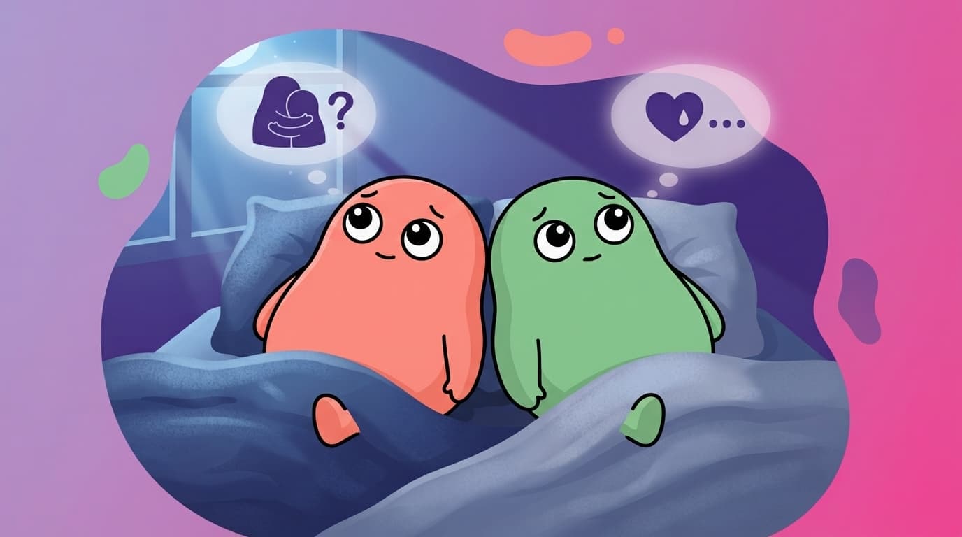 The coral and mint peek couple lying awake back to back in bed at night, a small gap of quiet space between them.