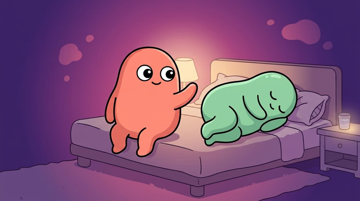 The coral peek partner sits on the edge of the bed at night, hand half-lifted toward the mint partner who is turned away asleep, a small held-back gesture that never quite lands.