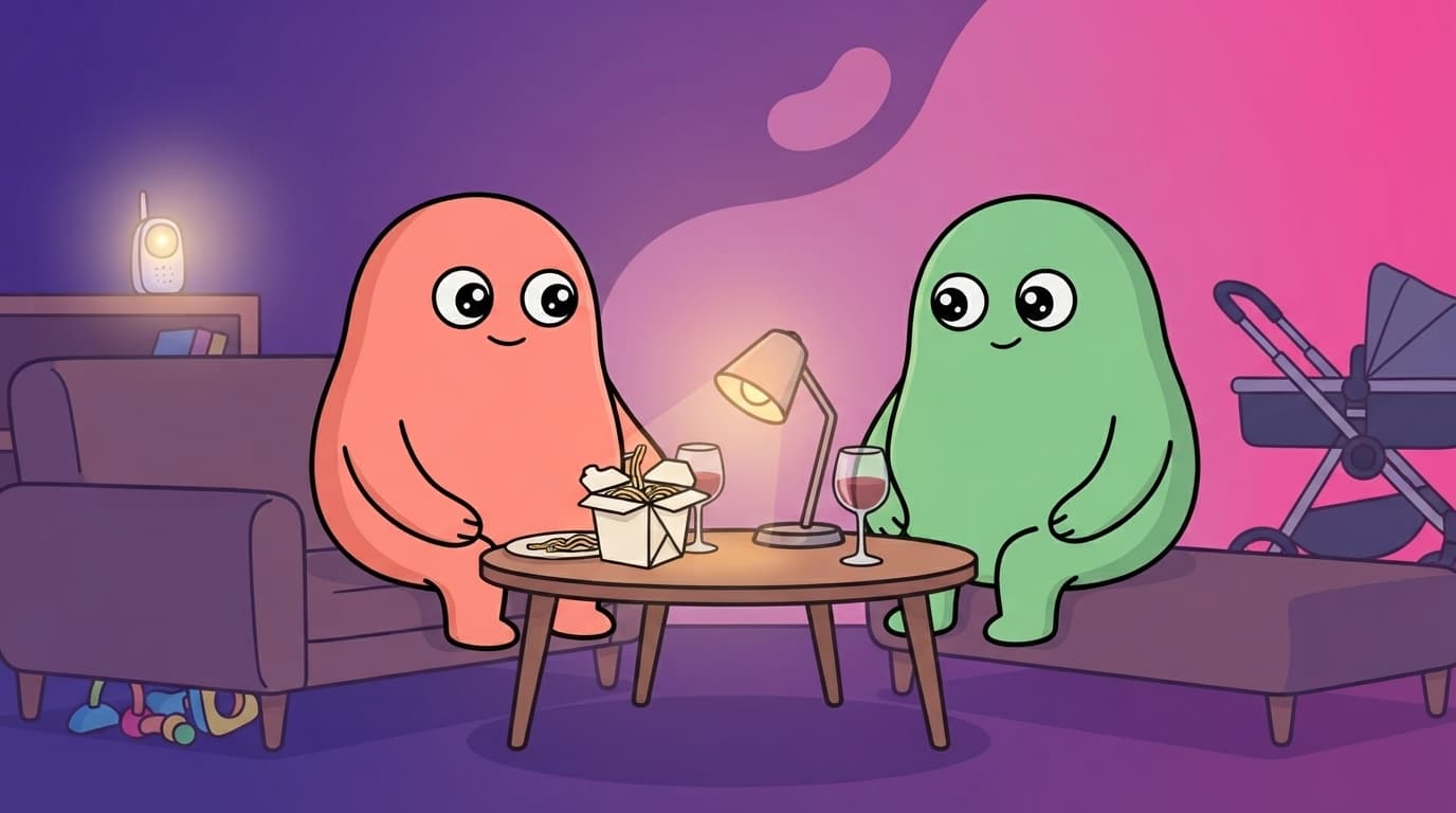 The coral and mint peek couple at a small table at home with takeaway between them, comfortable but a little out of things to say, one starting to glance up with a fond half-smile.