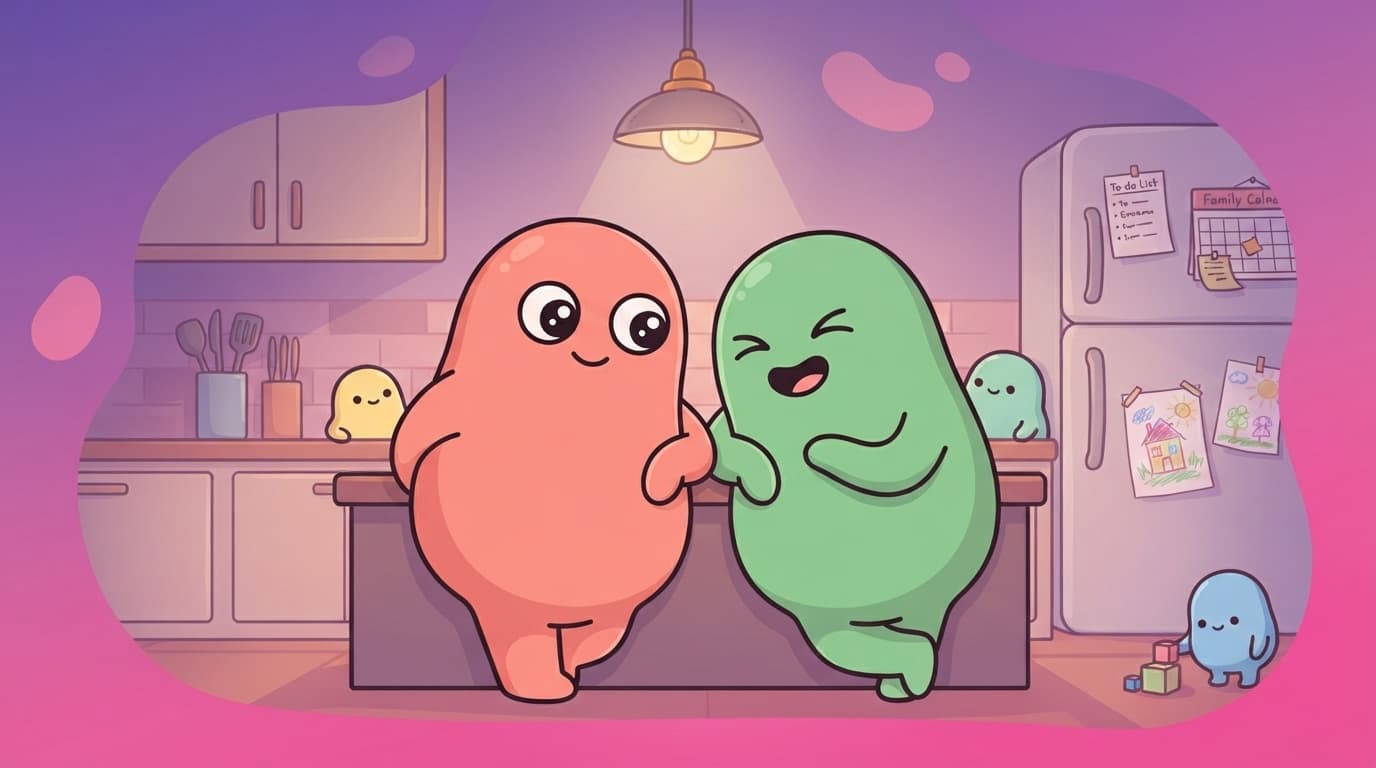 The coral and mint peek couple sharing a laughing, playful glance across a cosy kitchen while a to-do list sits ignored on the fridge.