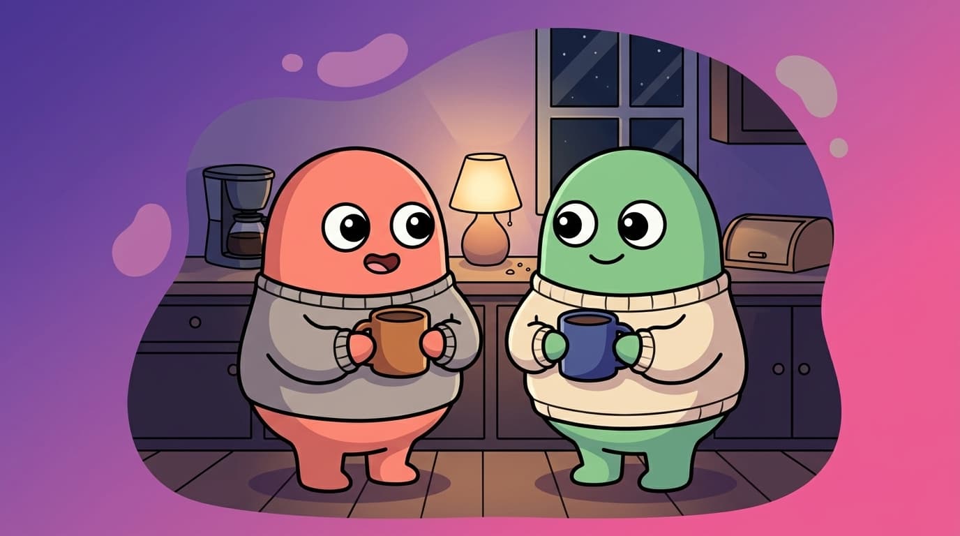 The coral and mint peek couple standing close in a quiet kitchen at night, one about to speak and hesitating, sharing a soft hopeful look.