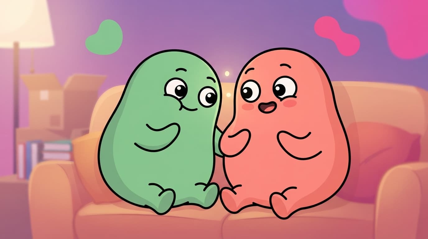the coral and mint peek couple on a couch, one leaning in mid-question while the other lights up, a soft glow of surprise between them.