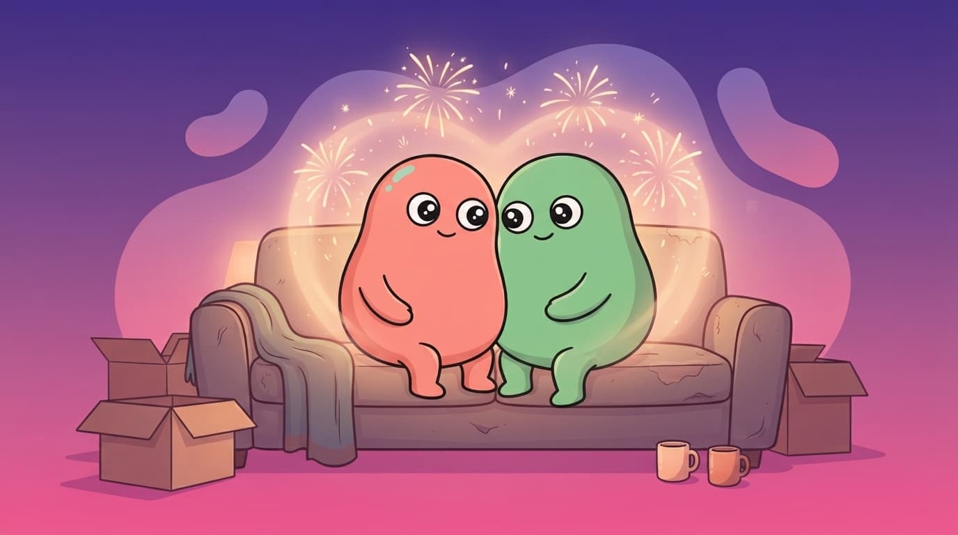 The coral and mint peek couple relaxed on the couch surrounded by moving boxes, the early-relationship fireworks now a softer shared glow between them.