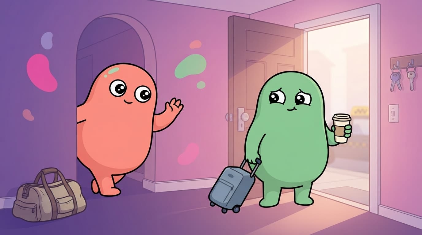 The mint peek blob-humanoid stands at a front door with a small wheelie suitcase while the coral partner waves from the hallway, both a little wistful in the early morning light.