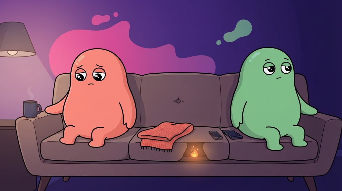 The coral and mint peek couple sitting on opposite ends of a couch late at night, close but turned slightly away, a small warm ember glowing faintly under the cushions between them.