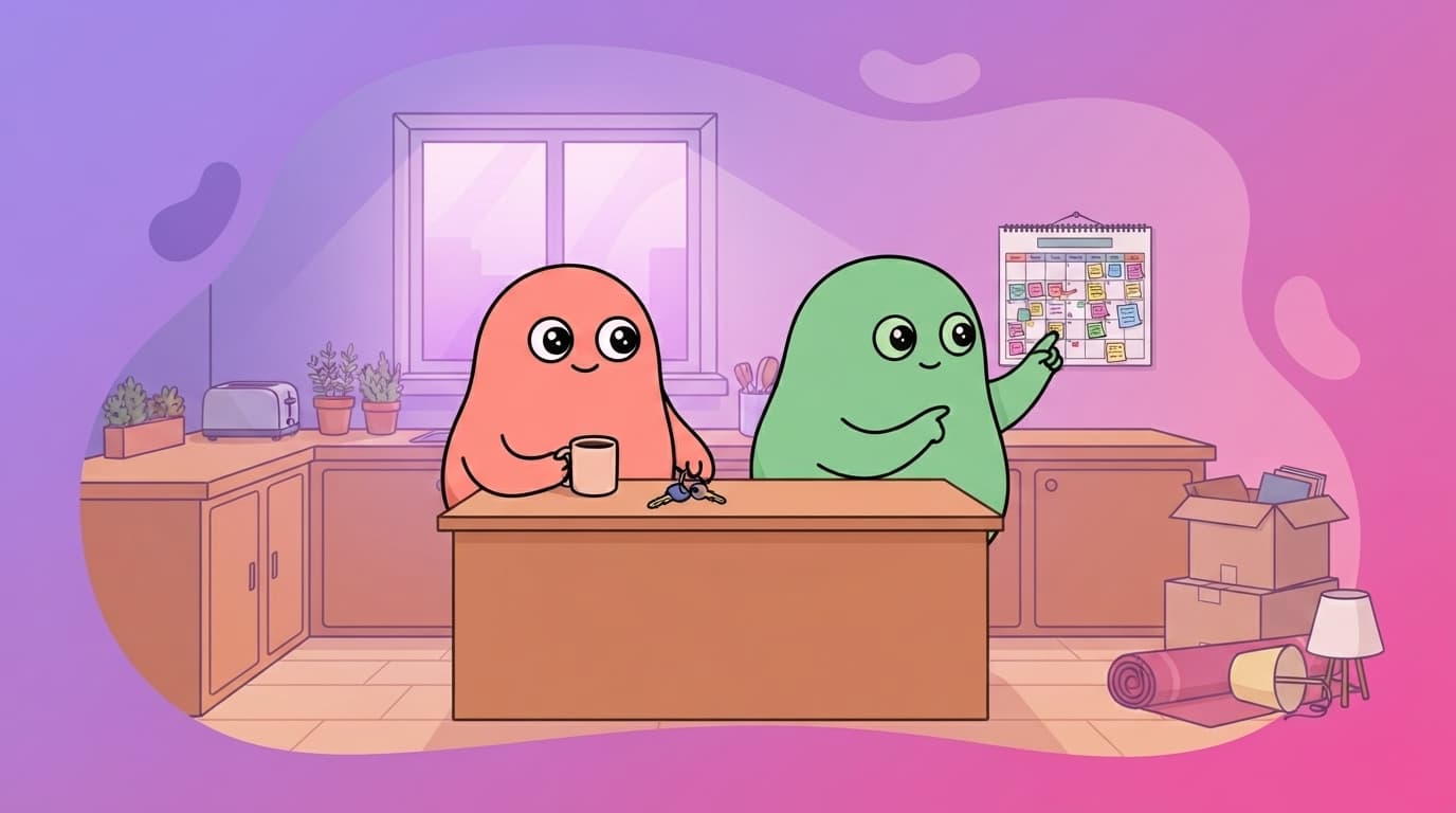 The coral and mint peek couple in a shared kitchen at breakfast, both busy with morning logistics, drifting a small gap apart without noticing.