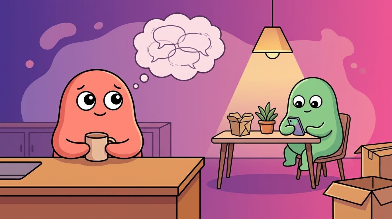 The coral peek blob-humanoid rehearses a sentence in her head at the kitchen counter while the mint partner scrolls his phone nearby, a small thought-bubble of a wobbly speech shape above her.