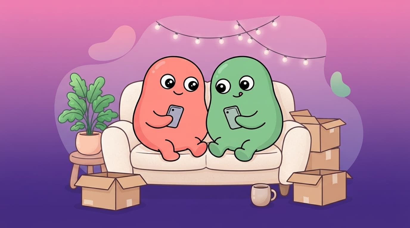 coral and mint blob-humanoid couple relaxed on the couch in a new shared apartment, laughing over two phones, moving boxes and a plant in the background, warm purple-to-pink glow