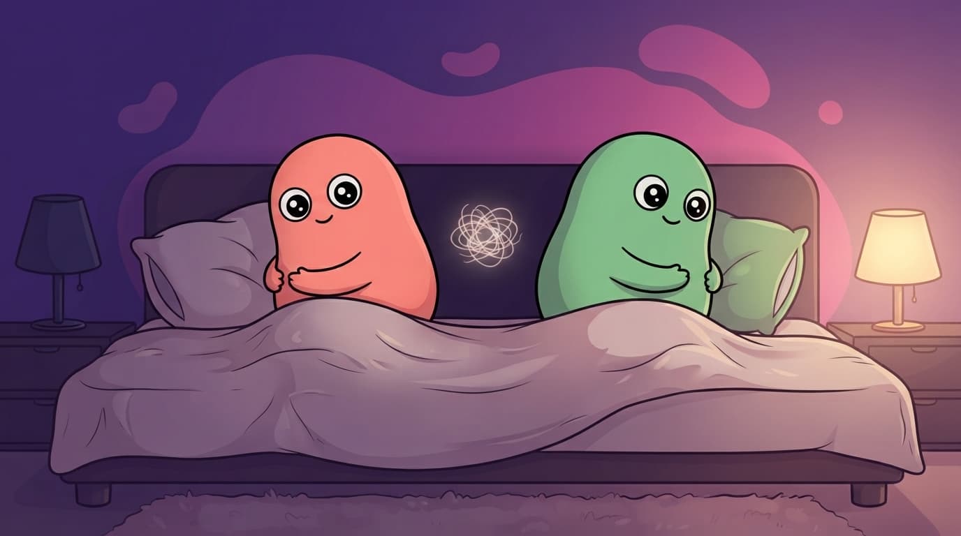 The coral and mint peek couple share an easy goodnight hug in bed, both facing away, a small anxious knot of light hovering in the space between their turned backs.