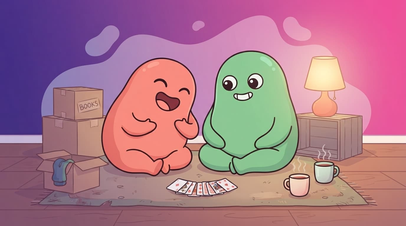 The coral and mint peek couple laughing over a card game on the floor of their new flat, half-unpacked moving boxes around them.