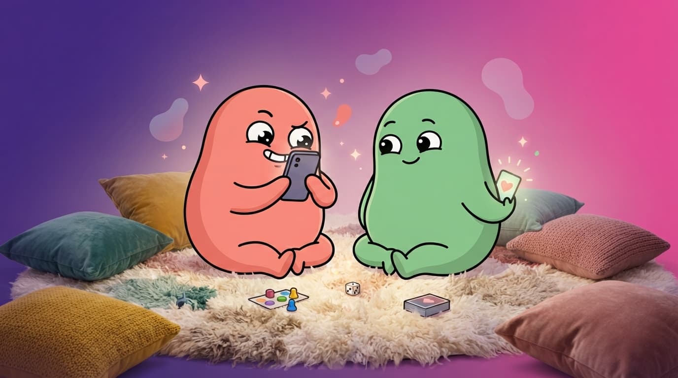A coral and a mint blob couple playing a cheeky game, one holding up a glowing card like a playing card while the other grins behind their own phone