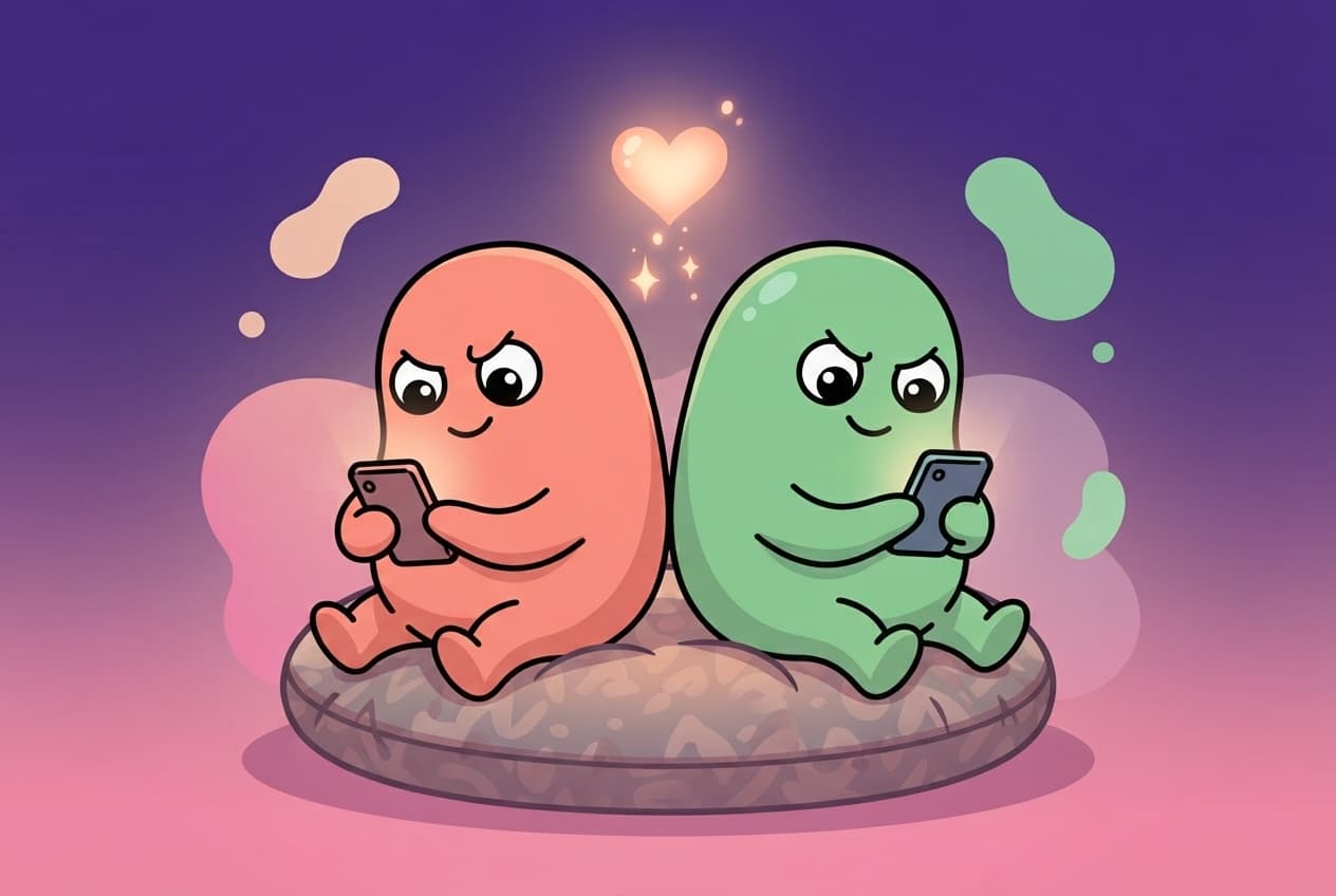 Two blob partners sitting side by side on a round cushion, each choosing privately on their own phone, with a heart glowing above them