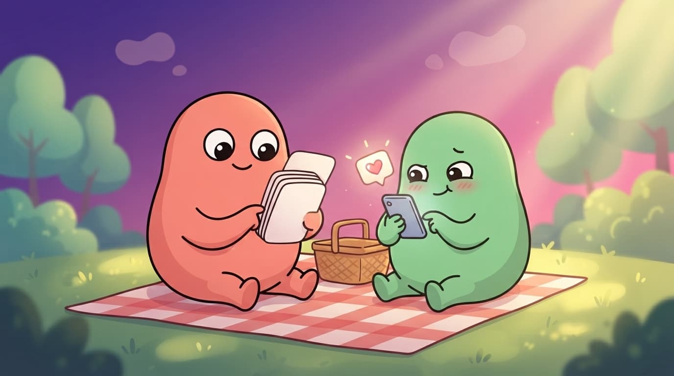 A coral and a mint blob couple sitting on a picnic blanket, one flipping through a big stack of question cards while the other secretly smiles at a glowing card on their phone