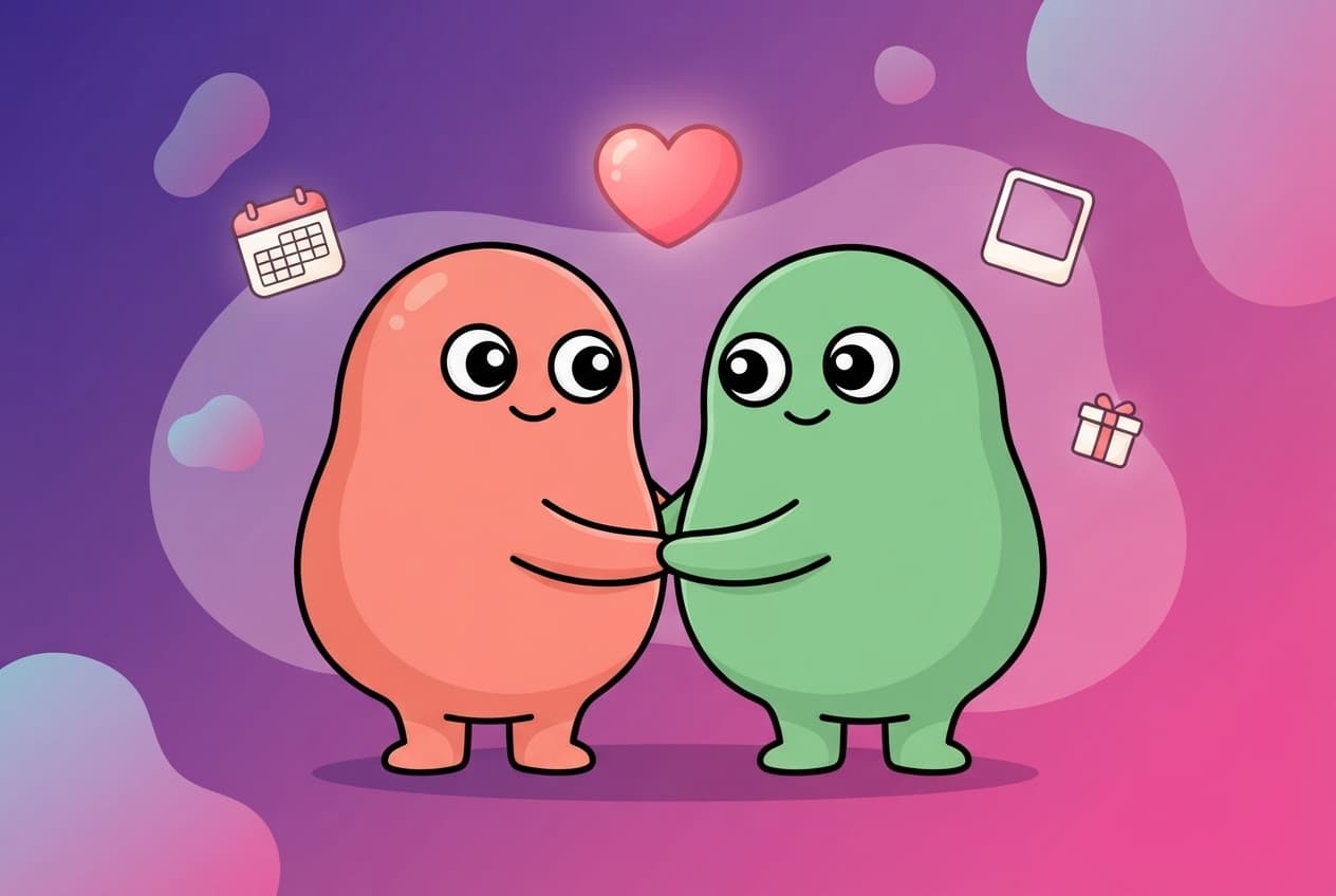 Two blob partners holding hands while a calendar, a photo and a glowing heart float around them