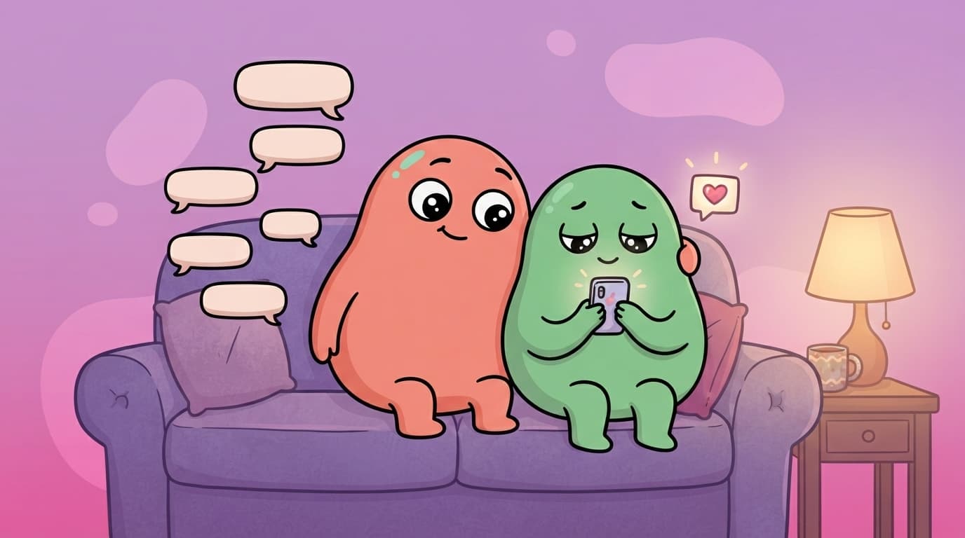 A coral and a mint blob couple on a sofa, one chatting animatedly with speech bubbles while the other privately swipes a glowing card on a phone