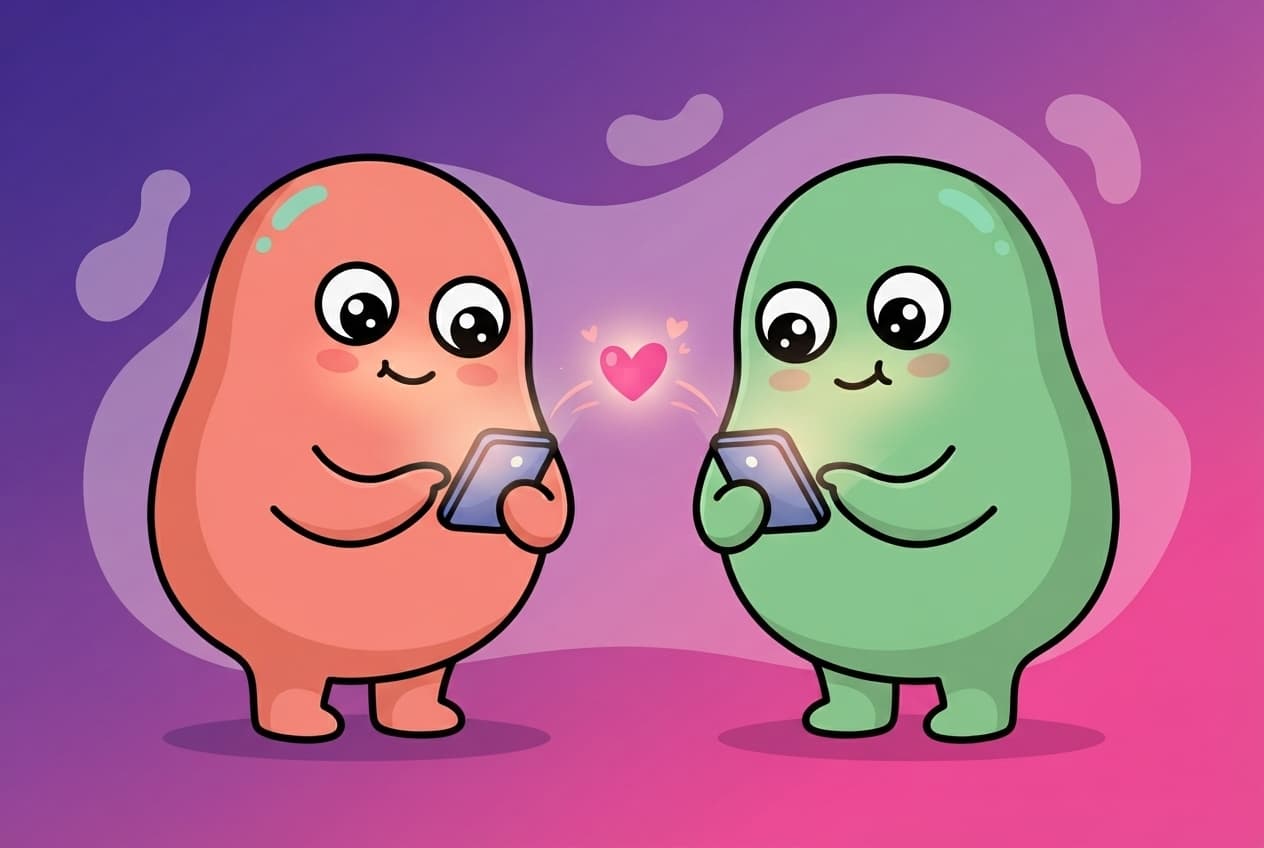 Two blob partners each holding a phone, with a single glowing heart lighting up between them where their choices meet