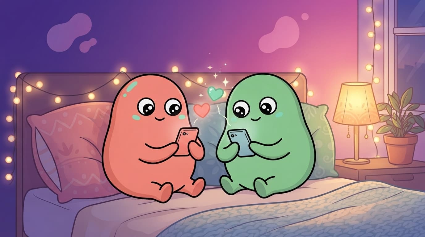 A coral and a mint blob couple on a bed with their phones, a pair of matching glowing hearts floating up between them