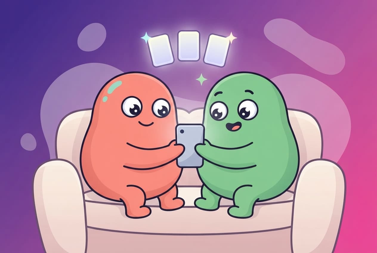 Two blob partners comparing a short list of glowing cards that only appeared once they both picked them