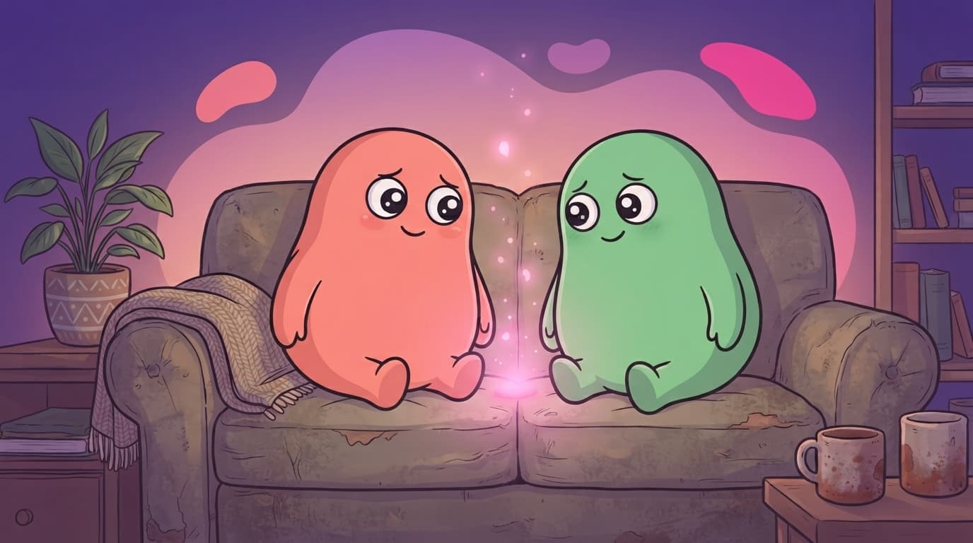 The coral and mint peek couple sitting close on a sofa at dusk, a small pink glow between them growing brighter as they turn towards each other.