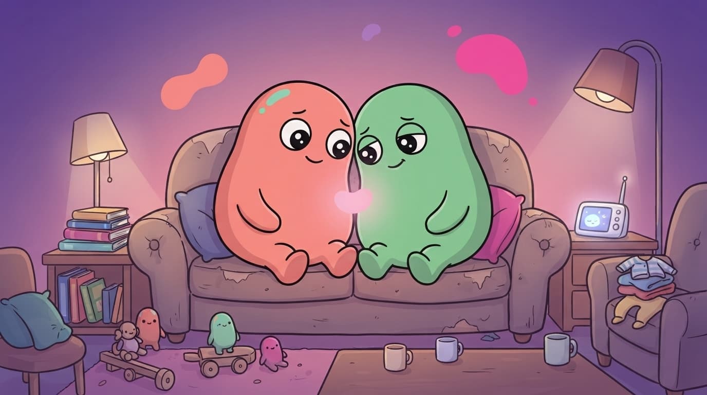 The coral and mint peek couple sharing a quiet, smiling moment on the sofa after bedtime, a baby monitor glowing softly and toys scattered on the floor.