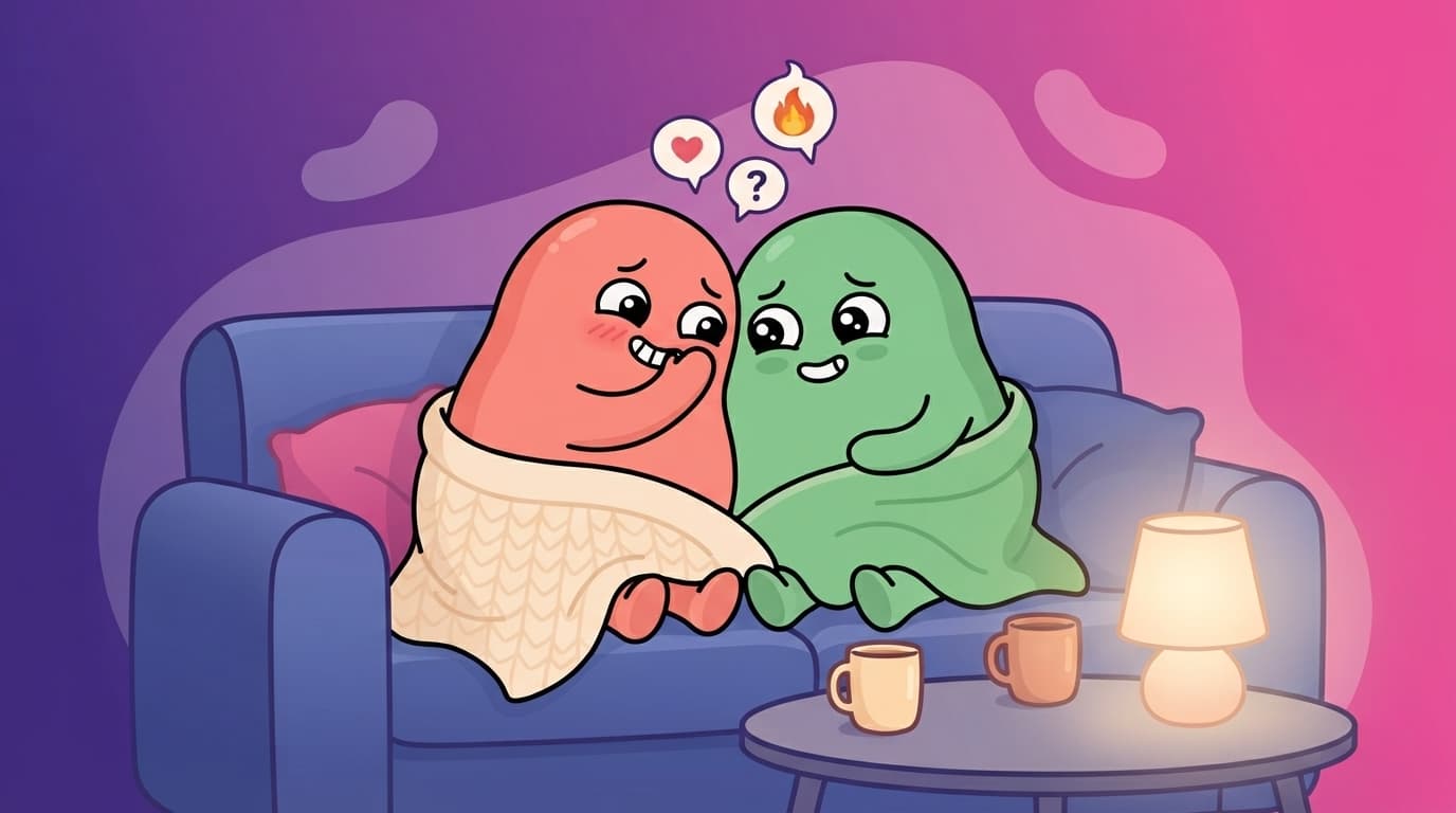 The coral and mint peek couple curled up on a sofa sharing a laugh, small speech bubbles with hearts and question marks floating between them.